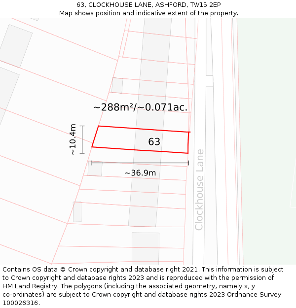 63, CLOCKHOUSE LANE, ASHFORD, TW15 2EP: Plot and title map