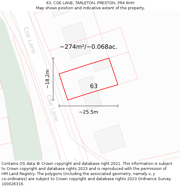 63, COE LANE, TARLETON, PRESTON, PR4 6HH: Plot and title map
