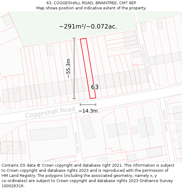 63, COGGESHALL ROAD, BRAINTREE, CM7 9EP: Plot and title map