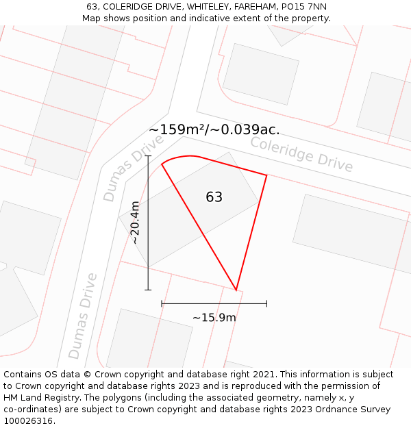 63, COLERIDGE DRIVE, WHITELEY, FAREHAM, PO15 7NN: Plot and title map