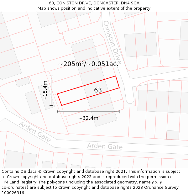 63, CONISTON DRIVE, DONCASTER, DN4 9GA: Plot and title map