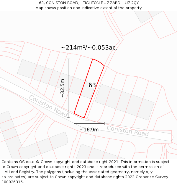 63, CONISTON ROAD, LEIGHTON BUZZARD, LU7 2QY: Plot and title map
