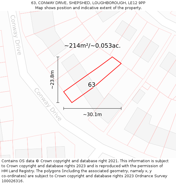 63, CONWAY DRIVE, SHEPSHED, LOUGHBOROUGH, LE12 9PP: Plot and title map