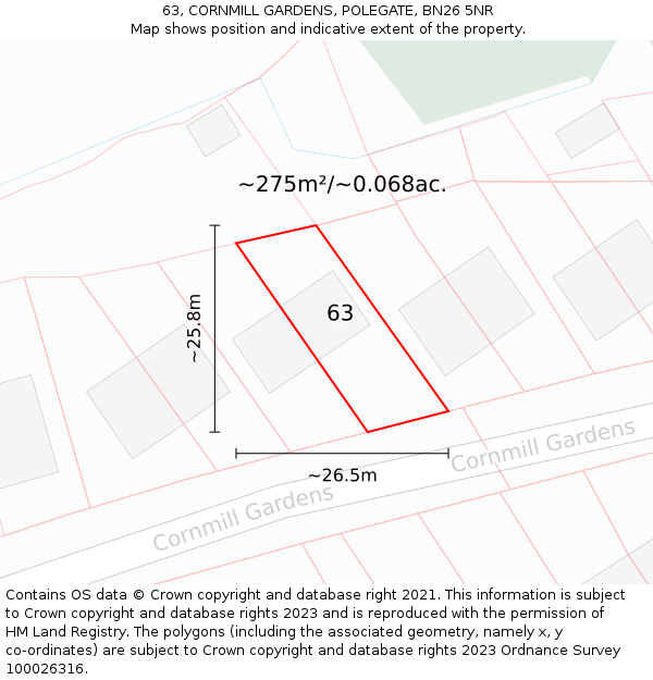 63, CORNMILL GARDENS, POLEGATE, BN26 5NR: Plot and title map