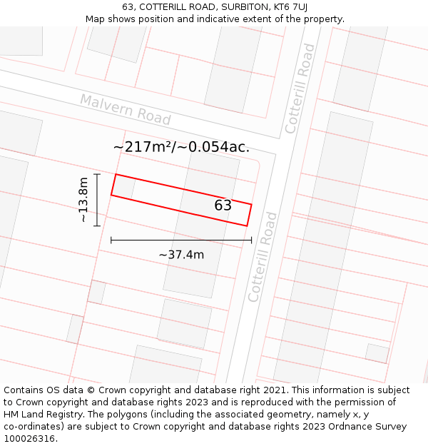 63, COTTERILL ROAD, SURBITON, KT6 7UJ: Plot and title map