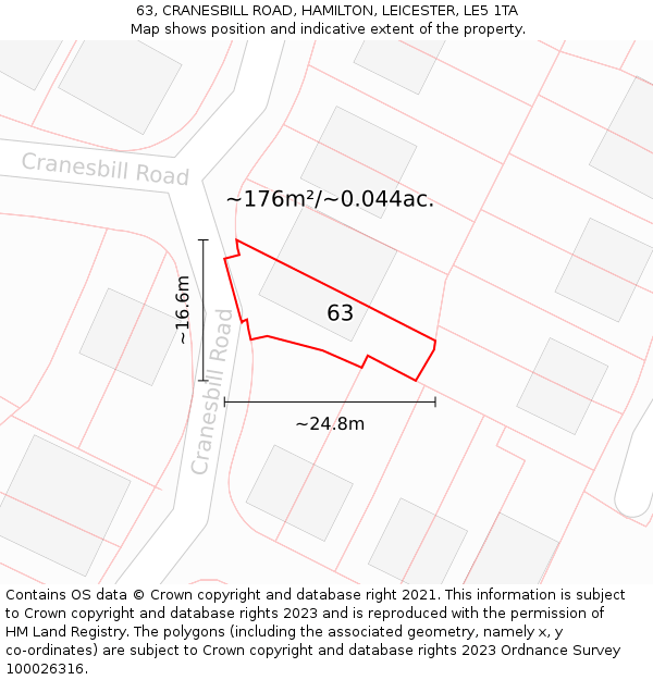 63, CRANESBILL ROAD, HAMILTON, LEICESTER, LE5 1TA: Plot and title map