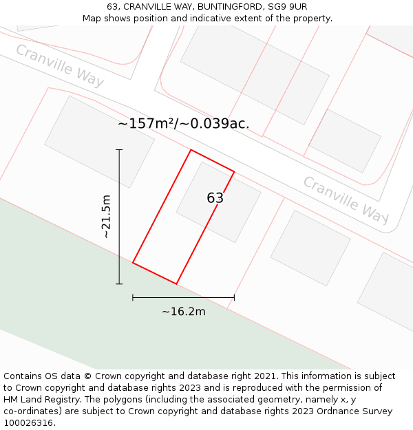 63, CRANVILLE WAY, BUNTINGFORD, SG9 9UR: Plot and title map