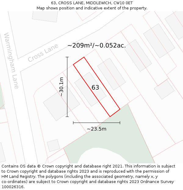 63, CROSS LANE, MIDDLEWICH, CW10 0ET: Plot and title map