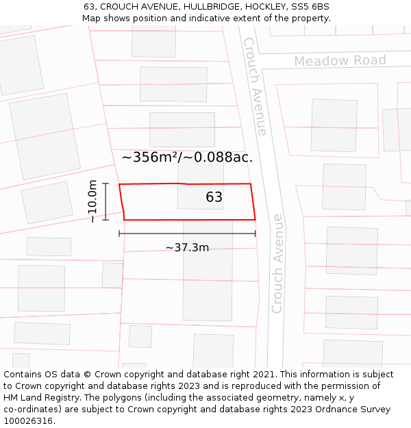 63, CROUCH AVENUE, HULLBRIDGE, HOCKLEY, SS5 6BS: Plot and title map