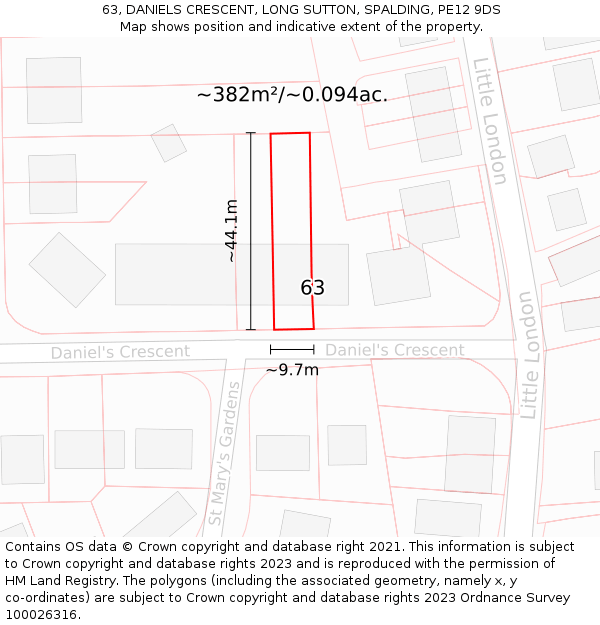 63, DANIELS CRESCENT, LONG SUTTON, SPALDING, PE12 9DS: Plot and title map