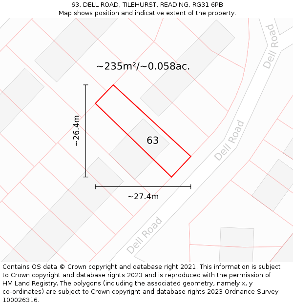 63, DELL ROAD, TILEHURST, READING, RG31 6PB: Plot and title map