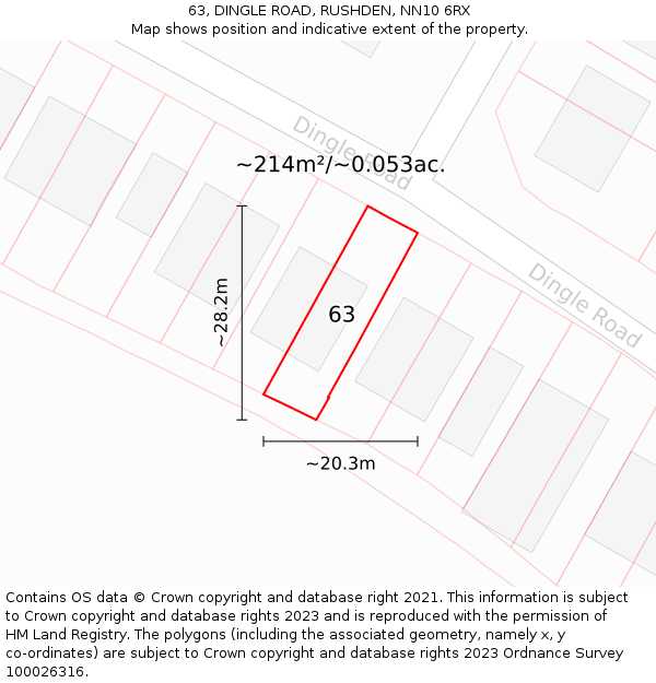 63, DINGLE ROAD, RUSHDEN, NN10 6RX: Plot and title map