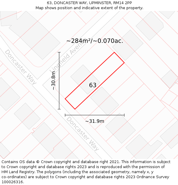 63, DONCASTER WAY, UPMINSTER, RM14 2PP: Plot and title map
