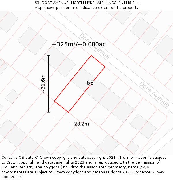 63, DORE AVENUE, NORTH HYKEHAM, LINCOLN, LN6 8LL: Plot and title map