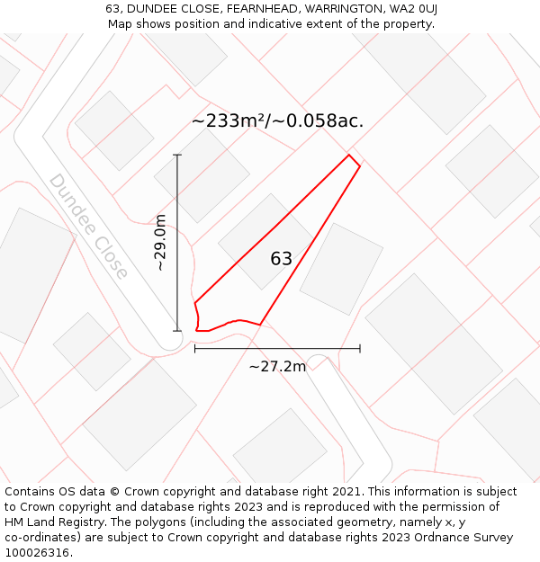 63, DUNDEE CLOSE, FEARNHEAD, WARRINGTON, WA2 0UJ: Plot and title map