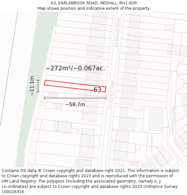 63, EARLSBROOK ROAD, REDHILL, RH1 6DR: Plot and title map