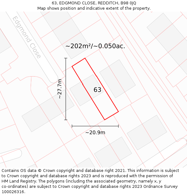 63, EDGMOND CLOSE, REDDITCH, B98 0JQ: Plot and title map