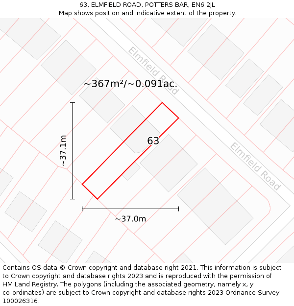 63, ELMFIELD ROAD, POTTERS BAR, EN6 2JL: Plot and title map