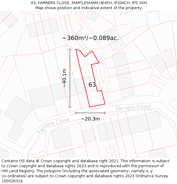 63, FARRIERS CLOSE, MARTLESHAM HEATH, IPSWICH, IP5 3SN: Plot and title map