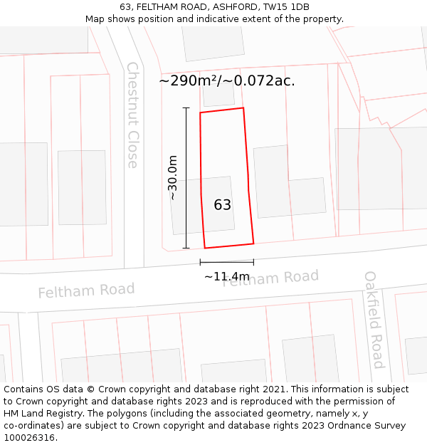 63, FELTHAM ROAD, ASHFORD, TW15 1DB: Plot and title map