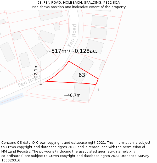 63, FEN ROAD, HOLBEACH, SPALDING, PE12 8QA: Plot and title map