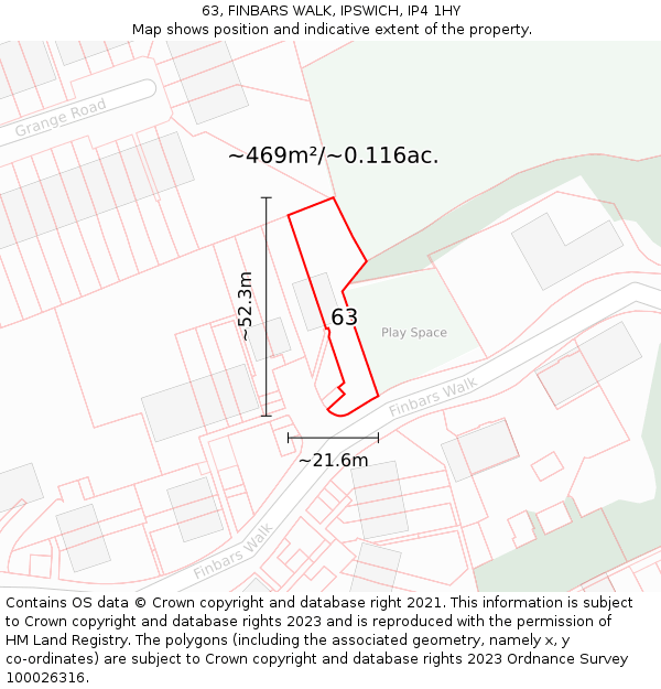 63, FINBARS WALK, IPSWICH, IP4 1HY: Plot and title map