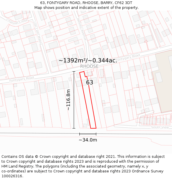 63, FONTYGARY ROAD, RHOOSE, BARRY, CF62 3DT: Plot and title map