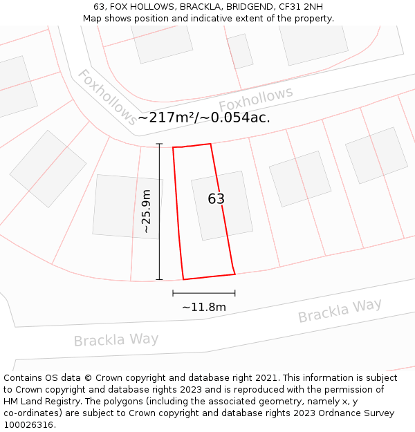 63, FOX HOLLOWS, BRACKLA, BRIDGEND, CF31 2NH: Plot and title map
