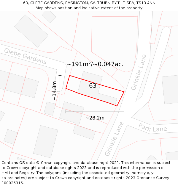 63, GLEBE GARDENS, EASINGTON, SALTBURN-BY-THE-SEA, TS13 4NN: Plot and title map