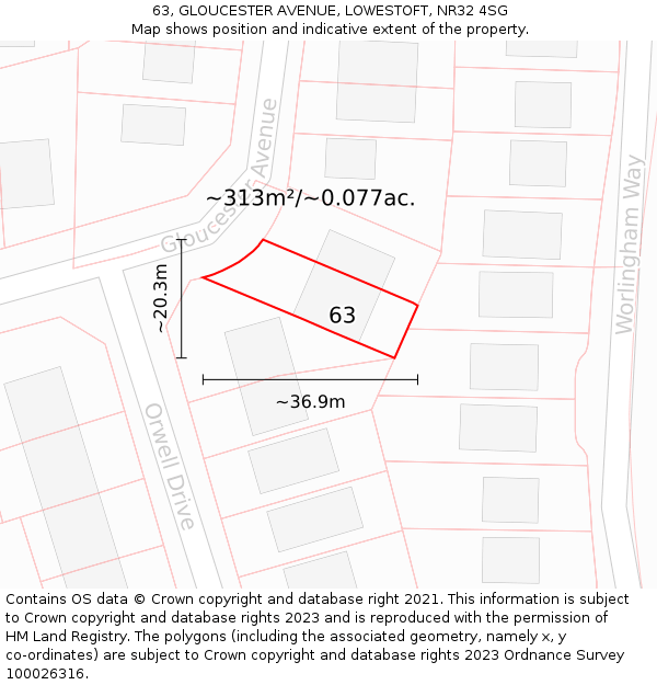 63, GLOUCESTER AVENUE, LOWESTOFT, NR32 4SG: Plot and title map