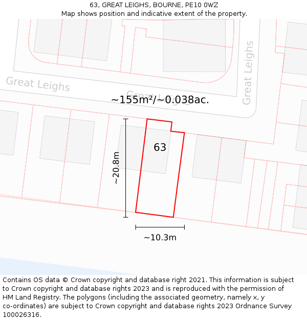 63, GREAT LEIGHS, BOURNE, PE10 0WZ: Plot and title map