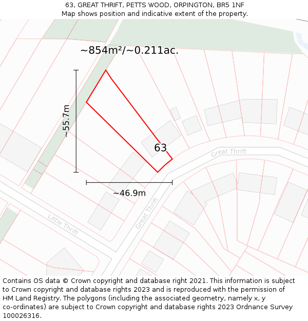 63, GREAT THRIFT, PETTS WOOD, ORPINGTON, BR5 1NF: Plot and title map
