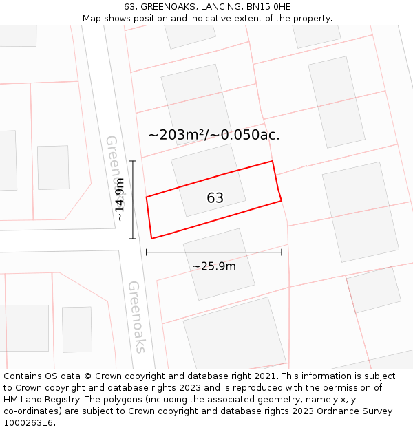 63, GREENOAKS, LANCING, BN15 0HE: Plot and title map