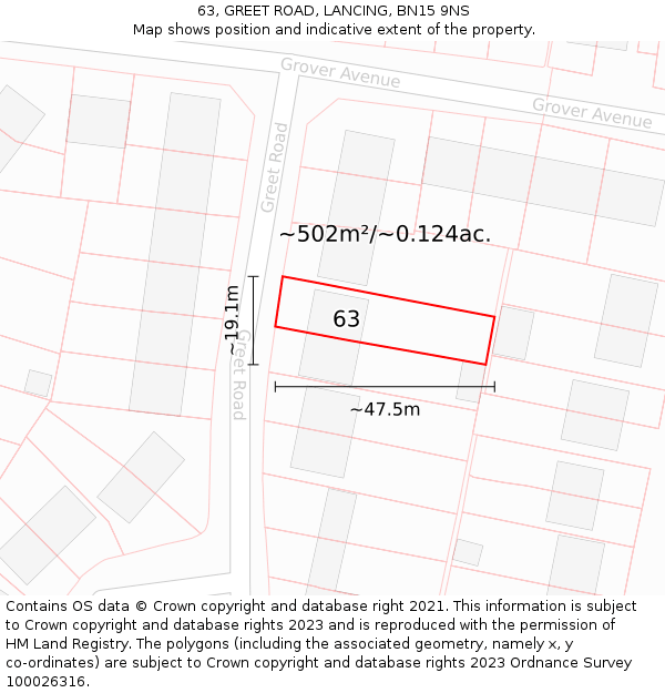 63, GREET ROAD, LANCING, BN15 9NS: Plot and title map