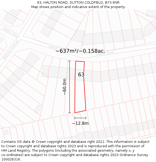 63, HALTON ROAD, SUTTON COLDFIELD, B73 6NR: Plot and title map