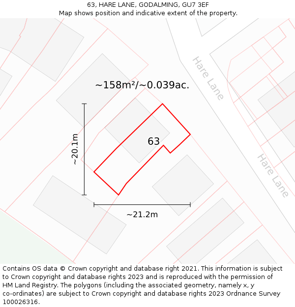 63, HARE LANE, GODALMING, GU7 3EF: Plot and title map