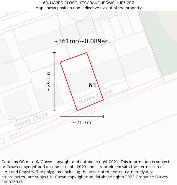63, HARES CLOSE, KESGRAVE, IPSWICH, IP5 2EZ: Plot and title map