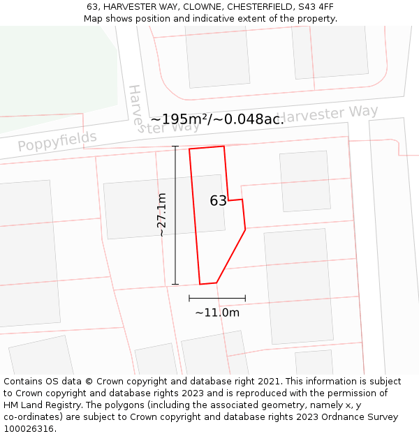 63, HARVESTER WAY, CLOWNE, CHESTERFIELD, S43 4FF: Plot and title map
