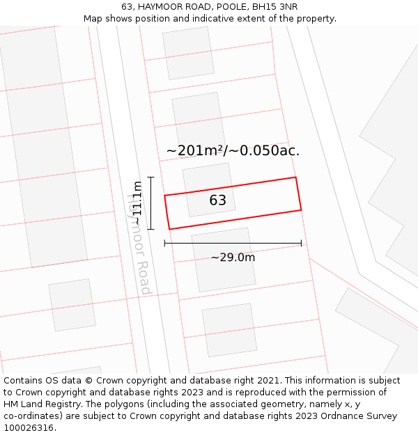 63, HAYMOOR ROAD, POOLE, BH15 3NR: Plot and title map