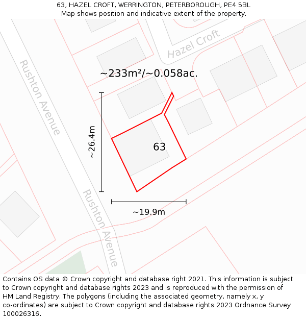 63, HAZEL CROFT, WERRINGTON, PETERBOROUGH, PE4 5BL: Plot and title map