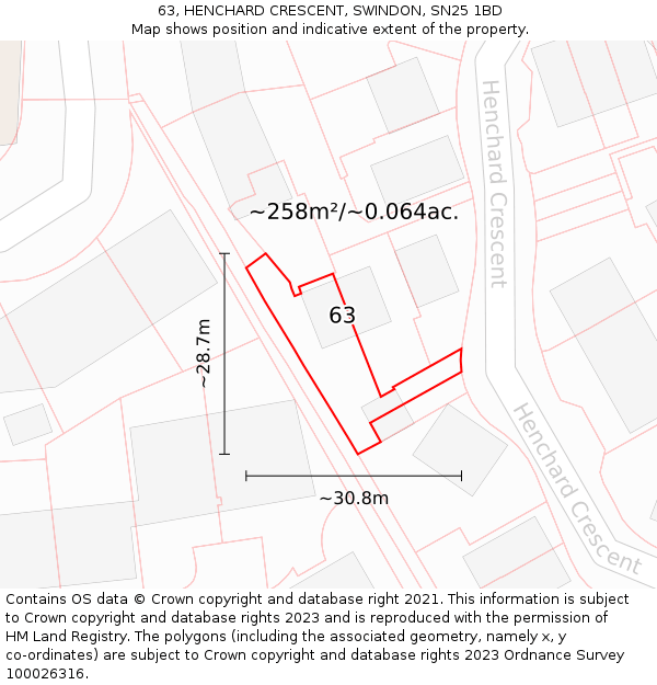 63, HENCHARD CRESCENT, SWINDON, SN25 1BD: Plot and title map