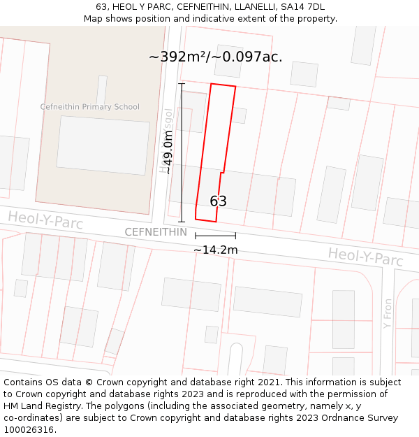 63, HEOL Y PARC, CEFNEITHIN, LLANELLI, SA14 7DL: Plot and title map