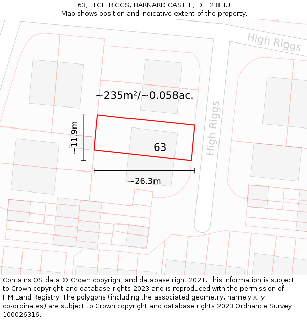 63, HIGH RIGGS, BARNARD CASTLE, DL12 8HU: Plot and title map