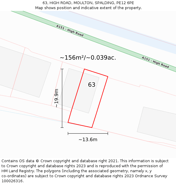 63, HIGH ROAD, MOULTON, SPALDING, PE12 6PE: Plot and title map