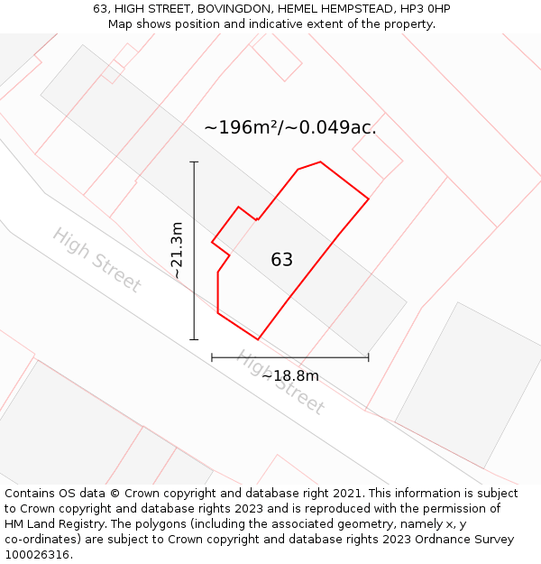 63, HIGH STREET, BOVINGDON, HEMEL HEMPSTEAD, HP3 0HP: Plot and title map
