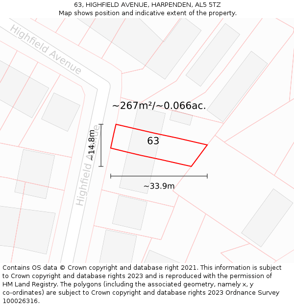 63, HIGHFIELD AVENUE, HARPENDEN, AL5 5TZ: Plot and title map