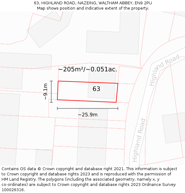 63, HIGHLAND ROAD, NAZEING, WALTHAM ABBEY, EN9 2PU: Plot and title map