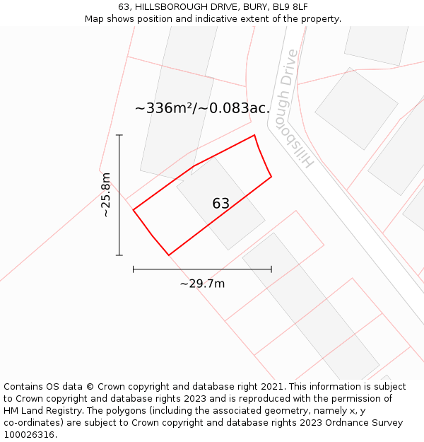 63, HILLSBOROUGH DRIVE, BURY, BL9 8LF: Plot and title map