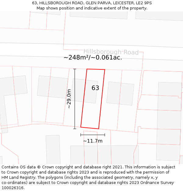 63, HILLSBOROUGH ROAD, GLEN PARVA, LEICESTER, LE2 9PS: Plot and title map