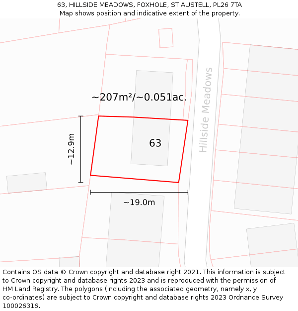 63, HILLSIDE MEADOWS, FOXHOLE, ST AUSTELL, PL26 7TA: Plot and title map